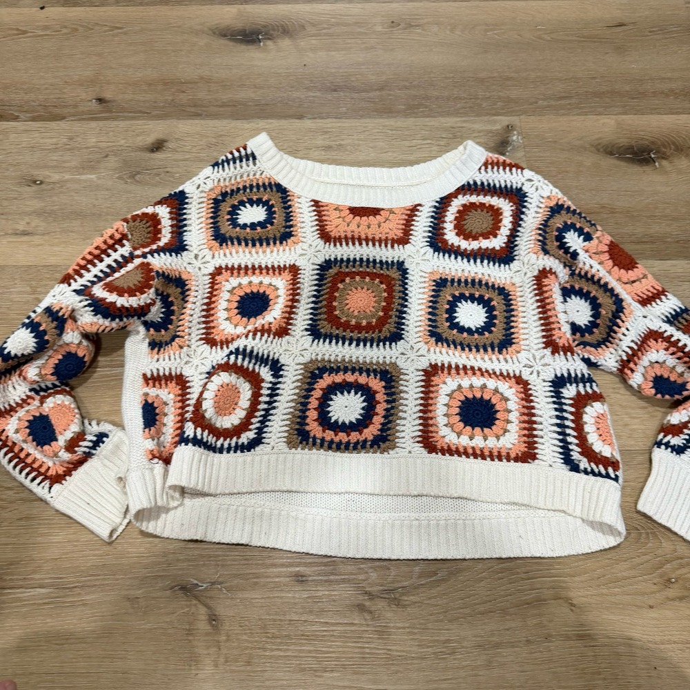 American Eagle Granny Square Crochet Sweater Womens Medium Multi Color Boho Knit